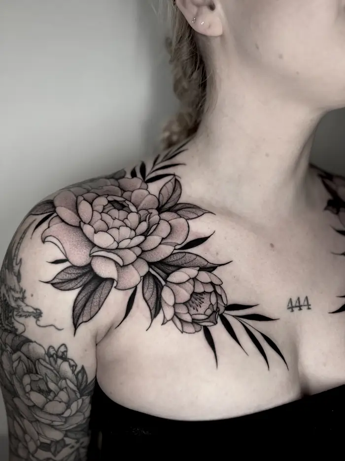 Peonies across the shoulder and chest