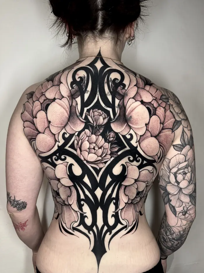 Backpiece with peonies and bold black ornamental shapes